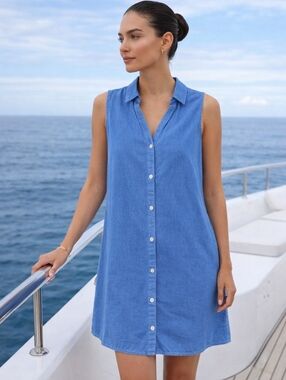 Tahari Blue Linen Sleeveless Button Front Shirt Dress Small Lagen Minimalist
